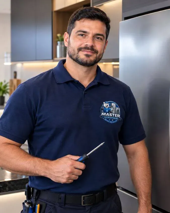Técnico da Master Refrigeração realizando conserto de geladeira em Fortaleza